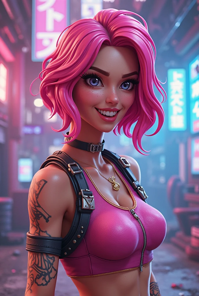 (masterpiece, highest quality, illustration), sci-fi, dystopian, upper body, solo, woman, smile, short pink hair, green eyes, navel, pink tube top, leather pants, indoors, bar, sci-fi, neon, facing the viewer, standing, arms by side, <lora:more_details:0.5>