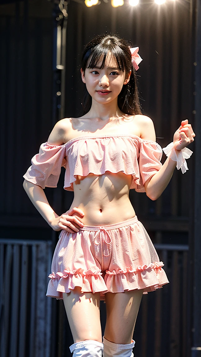 (8k、RAW Photos、highest quality、masterpiece:1.2)、(Realistic、Realistic)、1 girl、((Ruffled Costume、pink、belly button、Off the shoulder、ribbon、boots、See-through、mini skirt、Large Breasts、View from the front、stage、Standing with hands on hips))、Lots of eyelashes、Glowing eyelids、skeletally correct