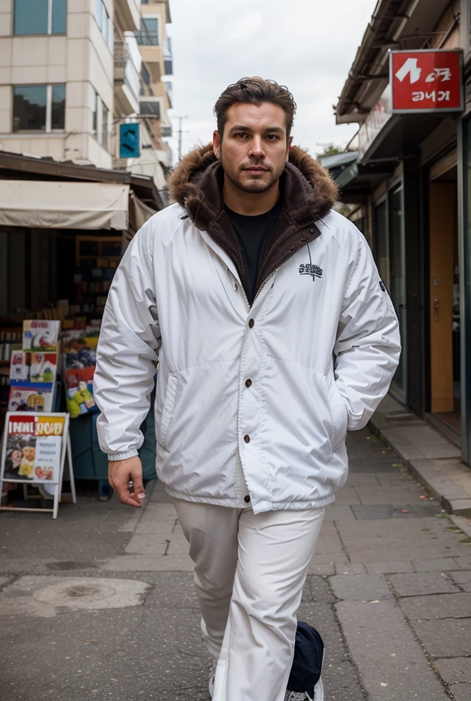 White man with beard, sport cloth, walking down an empty city street, realisitic