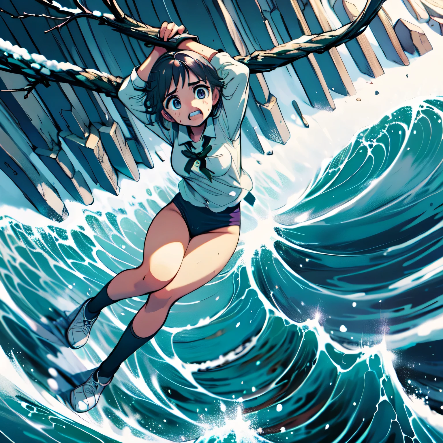 masterpiece,best quality,highly detailed,1girl,solo,scared,raised eyebrows,constricted pupils,surprised,clenched teeth,sweat,sweatdrop,purple eyes,black hair,long hair,lycoris uniform,green ribbon,long sleeves,black gymnastics bloomers,high leg,self wedgie,collared shirt,kneehighs,
BREAK
(((hanging from branch in high position, arms up))),hanging from branch,holding branch,grabbing branch,close-up,outdoors,foreshortening,perspective,from above,scenery,(((cliff, snow, snow mountain, iceberg, ocean, wave))),