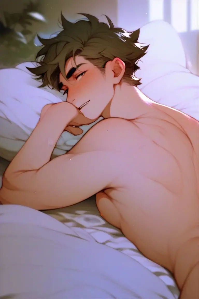 34 year old man, short brown messy hair, wearing boxers, no shirt, sleeping in bed with his sheets messed up