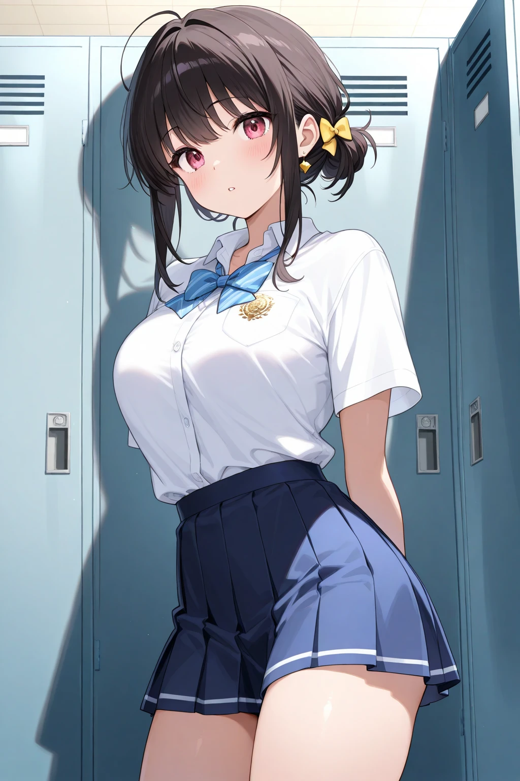 ((Tabletop, highest quality, High resolution,, Pixel Perfect, 4K, ))), One Girl, , beauty、The whole body is visible、 ((Mid-wave hair, bangs, Brown Hair)), ((Brown eyes, Beautiful eyelashes, Realistic eyes)), ((Detailed face, Blushing:1.2)), ((Smooth texture:0.75, Realistic texture:0.65, Realistic:1.1, Anime CG Style)), Center of chest, Dynamic Angle, Perfect body, ((Tennis Wear, , , White shirt, Long pleated skirt)), School locker room、Standing at the locker、Very embarrassing panic smile, 、、Stick your butt out、Leaning forward、(Cleavage、Taking off her pink panties、Use both hands to lift your skirt and show your butt、White floral lace panties)、Angle from below