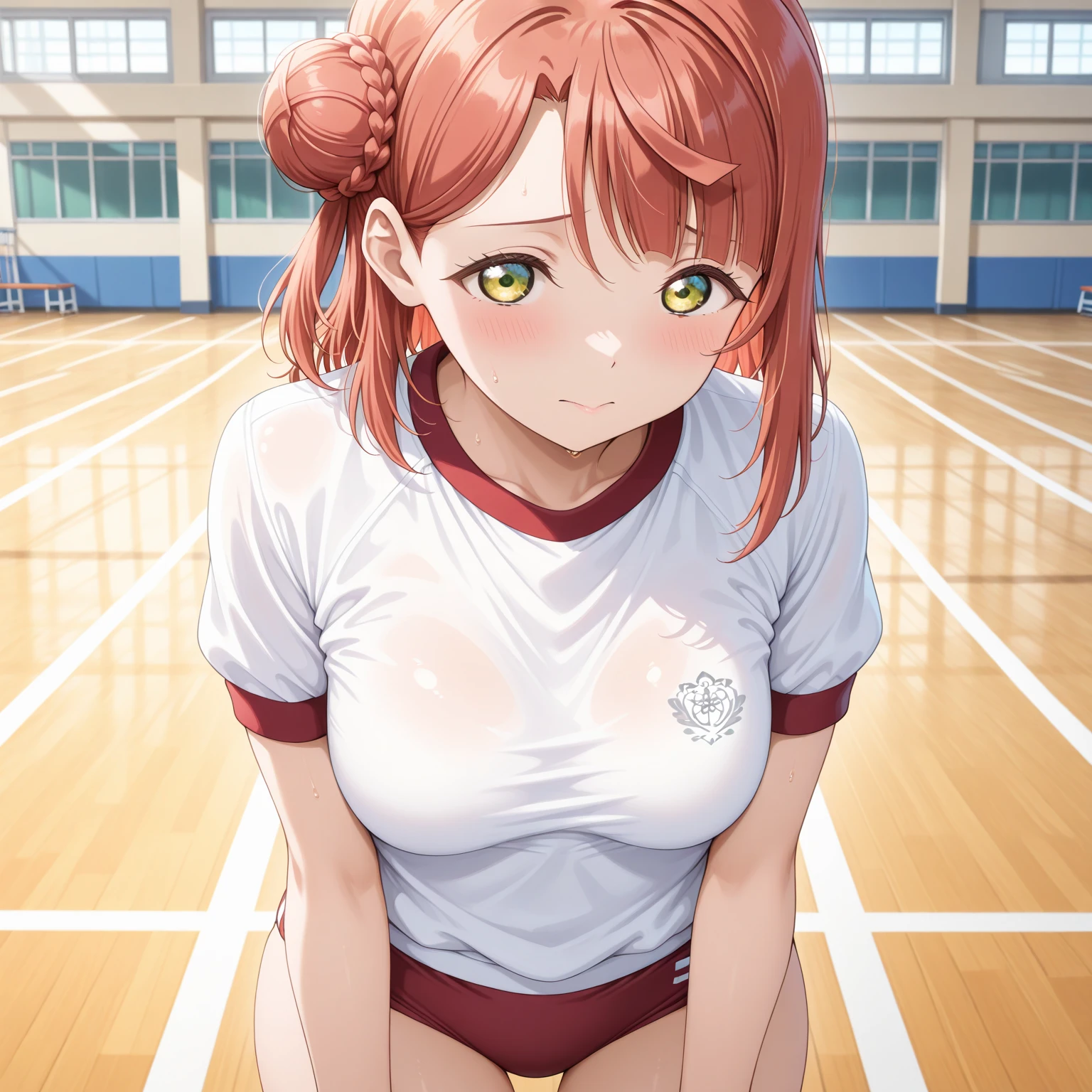 yuiyuigahama, yui yuigahama, short hair, (Brown eyes:1.5), (Orange Hair:1.2), Hair Bun, single Hair Bun, smile,Eye-catching gym clothes,1 Girl, alone, Huge breasts, Open your mouth, Looking at the audience, Skin dents,White background,