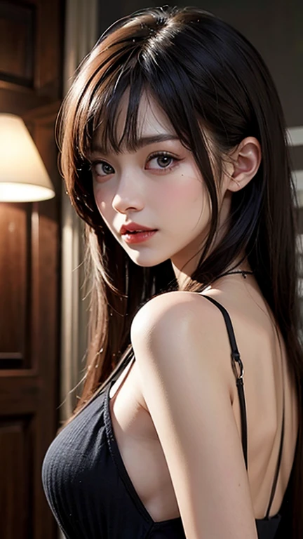 masterpaintings， 1 Beautiful girl， Detailed eyes， Puffy eyes， the best quality， ultra high def， （realisic： 1.4）， OriginalPhoto， 1girl huge large breasts， cinematiclight， Smile with， jpn， a asian beauty， Korea， Neat atmosphere， Super beautiful， bigbreast，Small young face， Beautiful skins， slim， cyberpunkbackground， （ultra realisitic）， （high resolucion）， （8k）， （Heavily detailed）， （best illustrations） ， （Beautiful and detailed eyes）， （Ultra-detailded）， （wall paper）， （Detailed face）， Look at Audience， finely detailled，A detailed face，pureerosfaceace_v1，Smile with，46-point diagonal bangs，Face straight ahead，Neat clothes，Black colored eyes，Wet hair in the rain，The clothes ar（low cut dress），the body is facing forward，