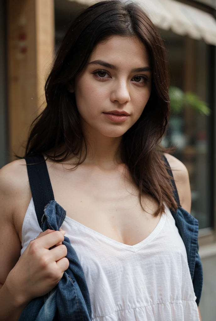 Create a realistic portrait of a 22-year-old American girl with black eyes and black hair, looking directly into the camera. Her expression is serene and confident. Focus on capturing the details of her features, such as the shine in her eyes and the texture of her hair. The portrait should convey her youth and beauty in a natural, lifelike manner. Use a soft, neutral background to ensure she remains the focal point of the image