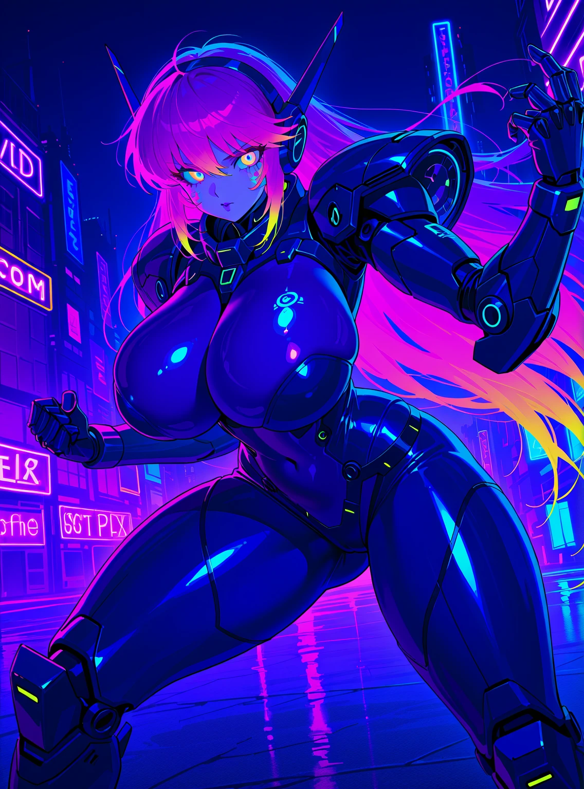 Masterpiece,1girll,Solo,unbelievable Ridiculous,Hoodie,Earphone, street,Outdoors,rain,Neon lights,((Huge breasts :1.5))melaninated afrofuturistic baskeball player dribbling ball of energy down a hardlight court, curvaceous, full breasts, (neon viper full torso tattoo), thigh tattoo, (purple and gold dual colored cybernetic braids) (artificial eyes), purple sclera, gold pupils, , gold strapless bra, ( afrofuturistic cyber fantasy, off the sleeve jacket, (neon glowing veins), cunning, (smile), teeth, action scene, Cyberpunk Concept, city, (night), ,masterpiece, highest quality, manga highres, hyper-stylistic, alluring aura and stare,splash art, manga stylized, , Black ink, tattoo desgin, tatoo outline, full of emotion, mecha, robot, armor, bodysuit, mechanical arms, science fiction,
