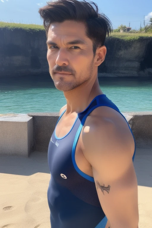 natural farther、American male、very handsome、abs、Pectoral muscle、CK black underwear or briefs、body hair、full-length picture,in the water