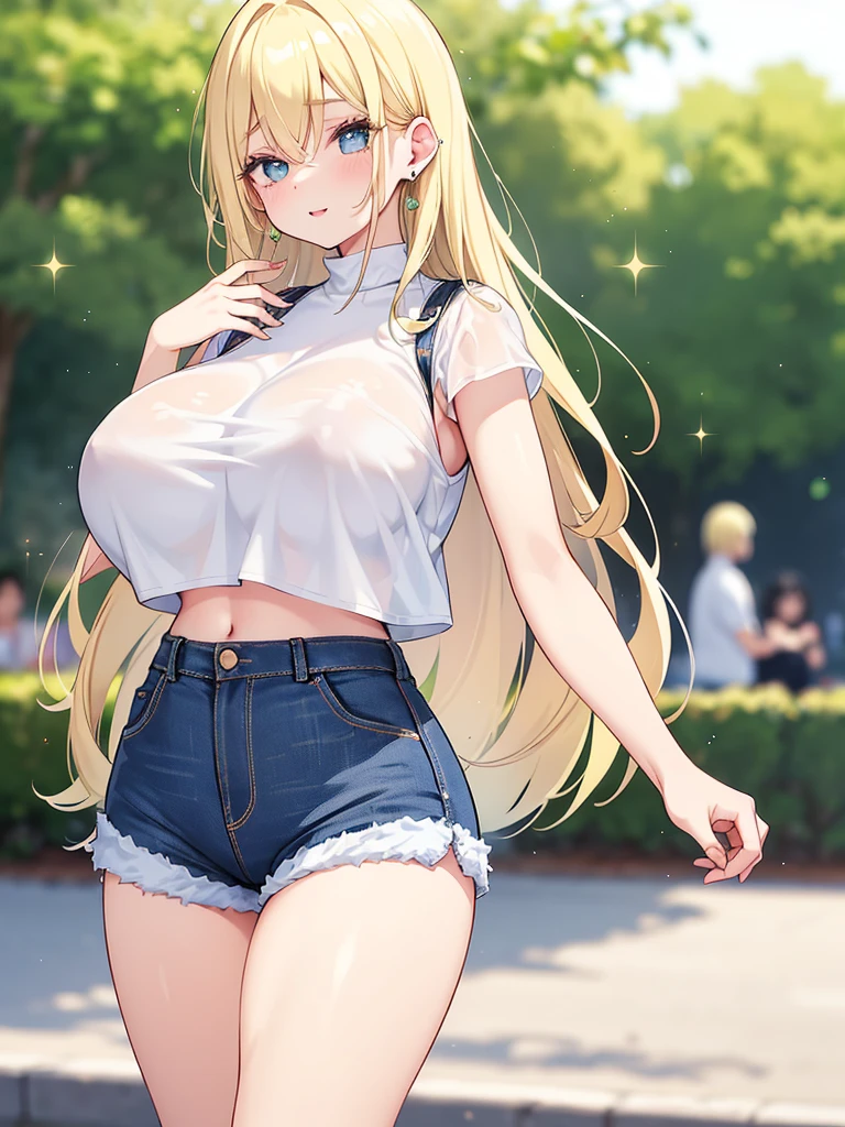 A small, young Sixteen year old girl with very dark blonde hair and emerald green eyes. She has a curiously playful smile. She has big  and round thighs. She wears tight jean shorts and a crop top. Her top reveals a lot of cleavage. She sits outdoors in a wooded park. Anime style.