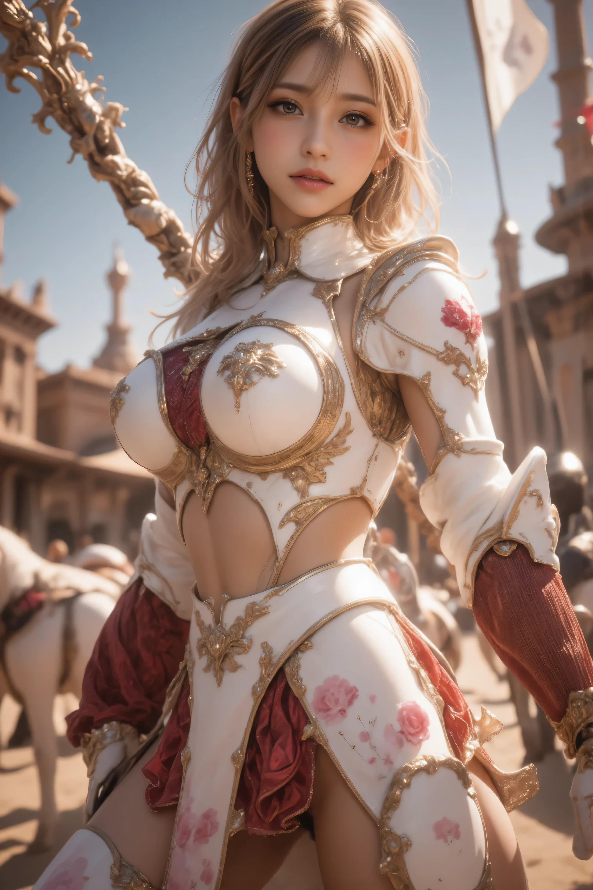 ((riding a white horse:1.5)),(masterpiece, super detailed,8k, high quality, best image quality)、realistic,long eyelashes、eyeliner、eyeliner、highlight、eye light、(shiny skin:1.5、big breasts:1.3,cleavage)、(masterpiece, super detailed,8k, high quality, best image quality)、(sophitia_whitedress_aiwaifu、blonde、long hair、Braid、blue eyes、jewelry、arms、cleavage、sword、armor、shield、earrings、片Braid、white dress、Nipple concealment,belt、See-through、armored dress、hair ornaments、white dress、arms保持、very long hair、lips、bare shoulders、bangs、gloves、hair ribbon、necklace、skirt、clavicle、wing、revealing clothes、bangles、肘gloves、greek clothing、braided ponytail,temple)、blur the background、goddess of war、In combat