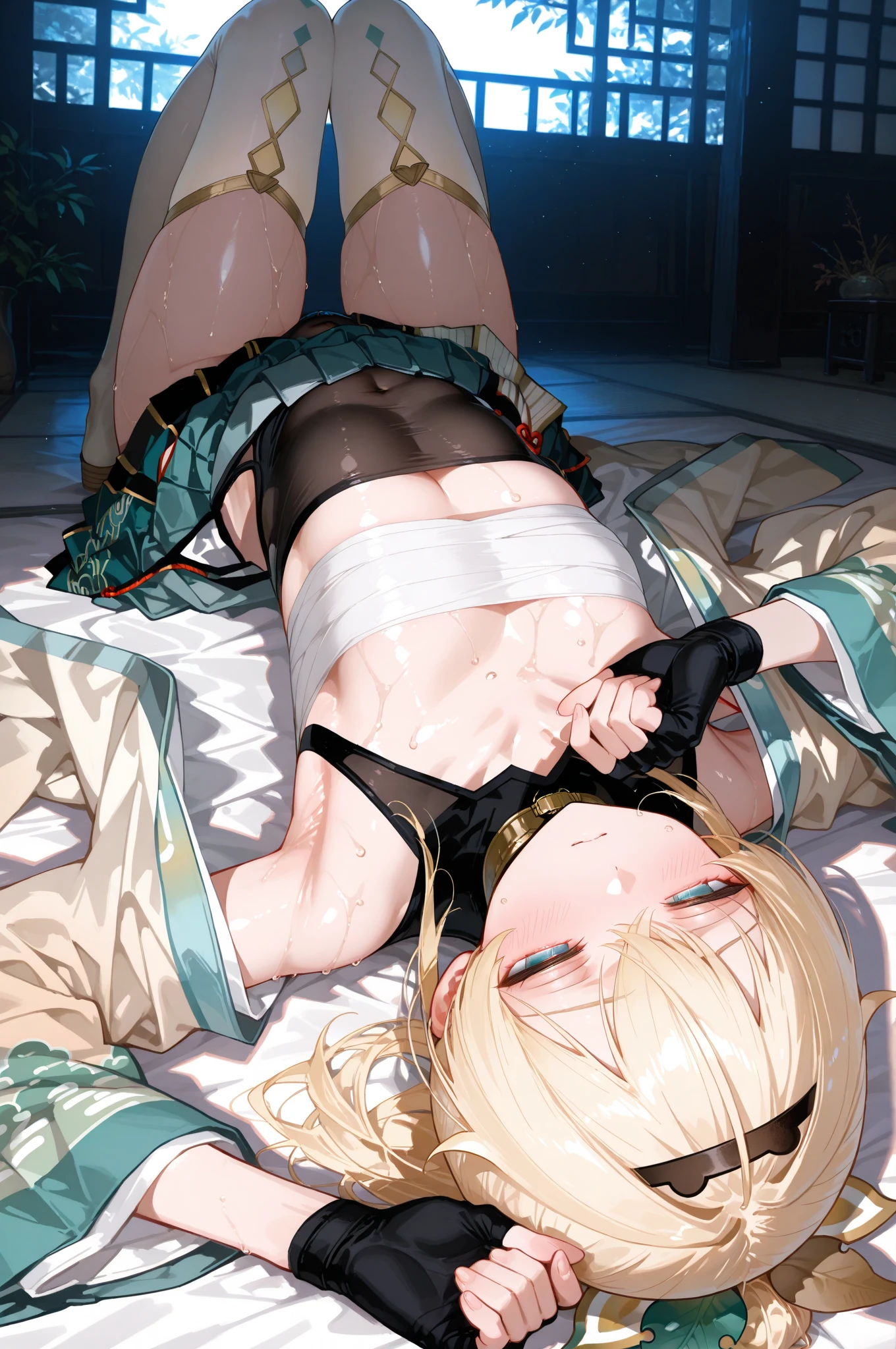1girl,solo focus,arms behind back,hair ornament,bangs,blush,saliva,drooling,,,panties,frogtie,underwear,pantyhose, juice, juice drip through clothes,femdom,bdsm,(black blindfold,ball gag,gagged:1.2),(object insertion,sex toy:1.2),rope,bondage,bound,restrained,shibari,shibari over clothes,bound wrists,bound ankles,bound arms,bound legs,bound wrists,box tie,breast bondage,crotch rope,skindentation,blue hair,,long hair,purple eyes,pointy ears,elf,