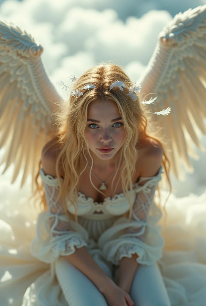1 girl, 1990s (style),Blonde,Big Tits,Angel,Angel wings,Blindfold,Hello,White tunic,Tired,dull,Hollow Eyes,boredom,,Haa,Half-closed eyes,Sharp eyes,Please open your eyes,the air is heavy,Sitting,Right knee up,Place your right elbow on your right knee,Holding a cigarette in his right hand,Exhaling cigarette smoke from the mouth,heaven,The floor is made of fluffy clouds