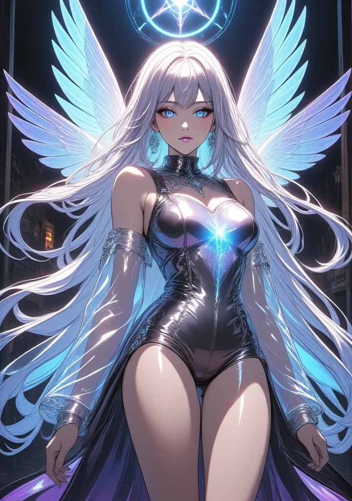 5 8K UHD、Muscular beauty wearing shiny full-body silver armor wearing glasses with her arms behind her back、Beauty with shiny silver latex suit glasses with hidden skin、Upper body only
