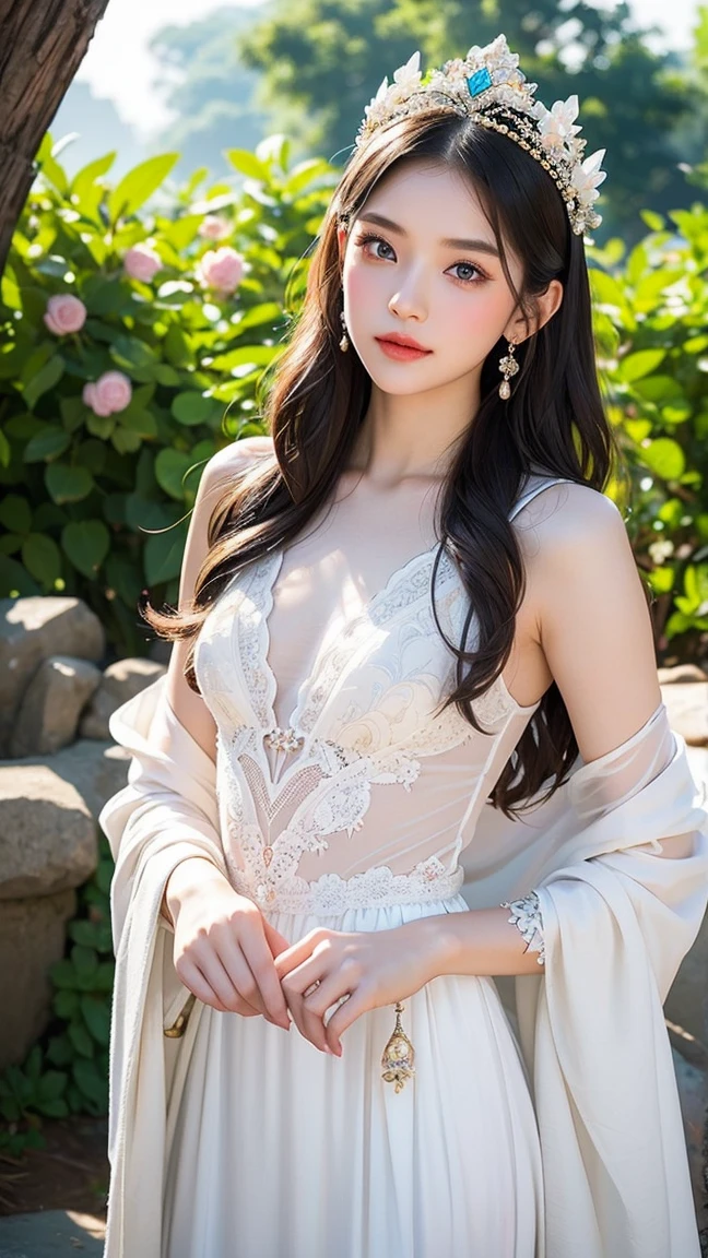 long-haired woman, black eye, royalty, white see-through dress, jewelry, earrings, , Noble, lady, high quality, very detailed, detailed face, masterpiece, city, garden, flowers, light,(((small breasts:1.1)))