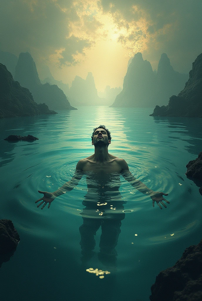 a man floating on a bench underwater, delicate oil painting simulation, mysterious mood, detailed face and body, sitting in reflection, blue background