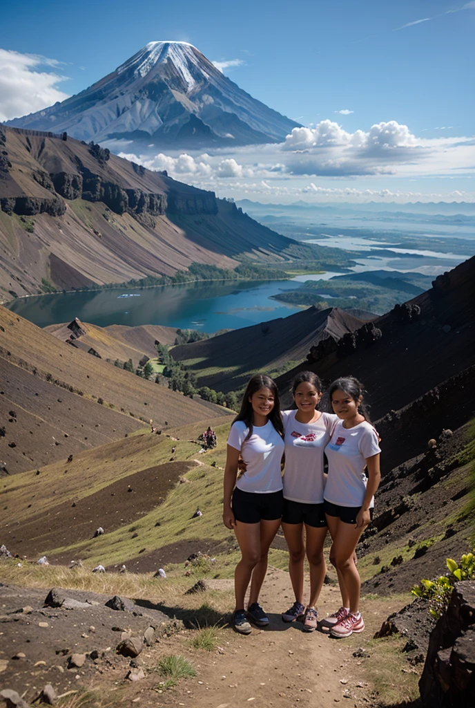 Several women stand on the mountain with trekking poles, Group photo, on deep forest peak, with many travelers, competition winning, wining, cheerfulness!!!, standing close to volcano, instagram post, pinging, 8K!, On top of it, shot on iphone, photore, 2 0 2 2 photo, Outdoor, with a brilliant