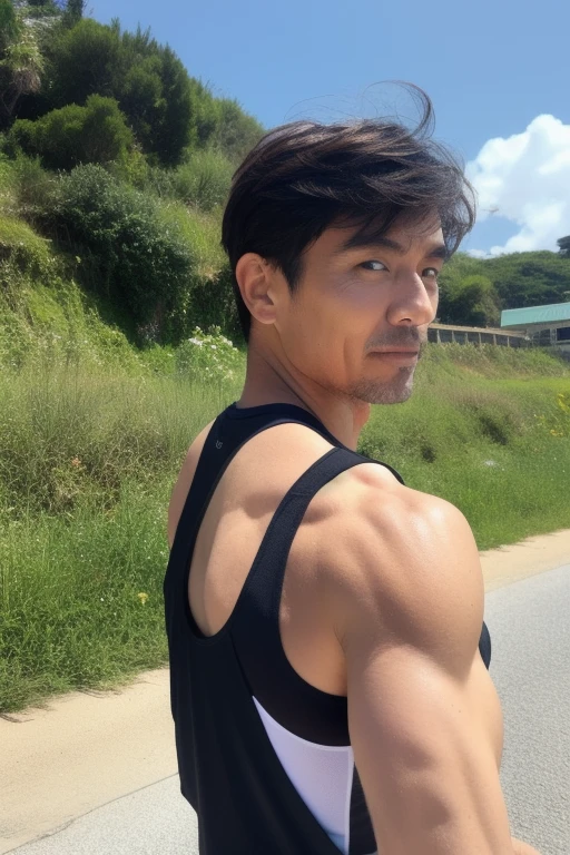 masterpiece, best quality, (1 boy), abs, backlighting, boots, cloudy_sky, day, dougi, fingernails, frown, full_body, looking_at_another, looking_away, male_focus, multiple_boys, muscular, pectorals, long_hair, smile, solo,, spiked_hair, sunlight, tied_hair, toned, vegeta, wristband, ((Son Goku)), Kung Fu Clothes, (muscular:1.8), ((Huge body)), (((young version of Kimura Takuya))),  look at viewer, one punch man, (((snow))), ((snow mountain)), ((ice river)), snowing,