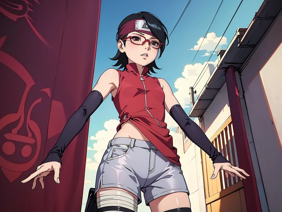 anime screencap, 
1girl,solo,black hair,short hair, black eyes,skinny,cowboy shot, standing, forehead protector, smirk,(dress:1.1),(white shorts:0.8), black thighhighs, thigh holster, arm warmers, bare shoulders, looking at viewer, outdoors,pelvic,red-framed eyewear, glasses,arms behind back, head tilt, pelvic curtain, facing viewer, hands on hips, zipper, shiny hair,