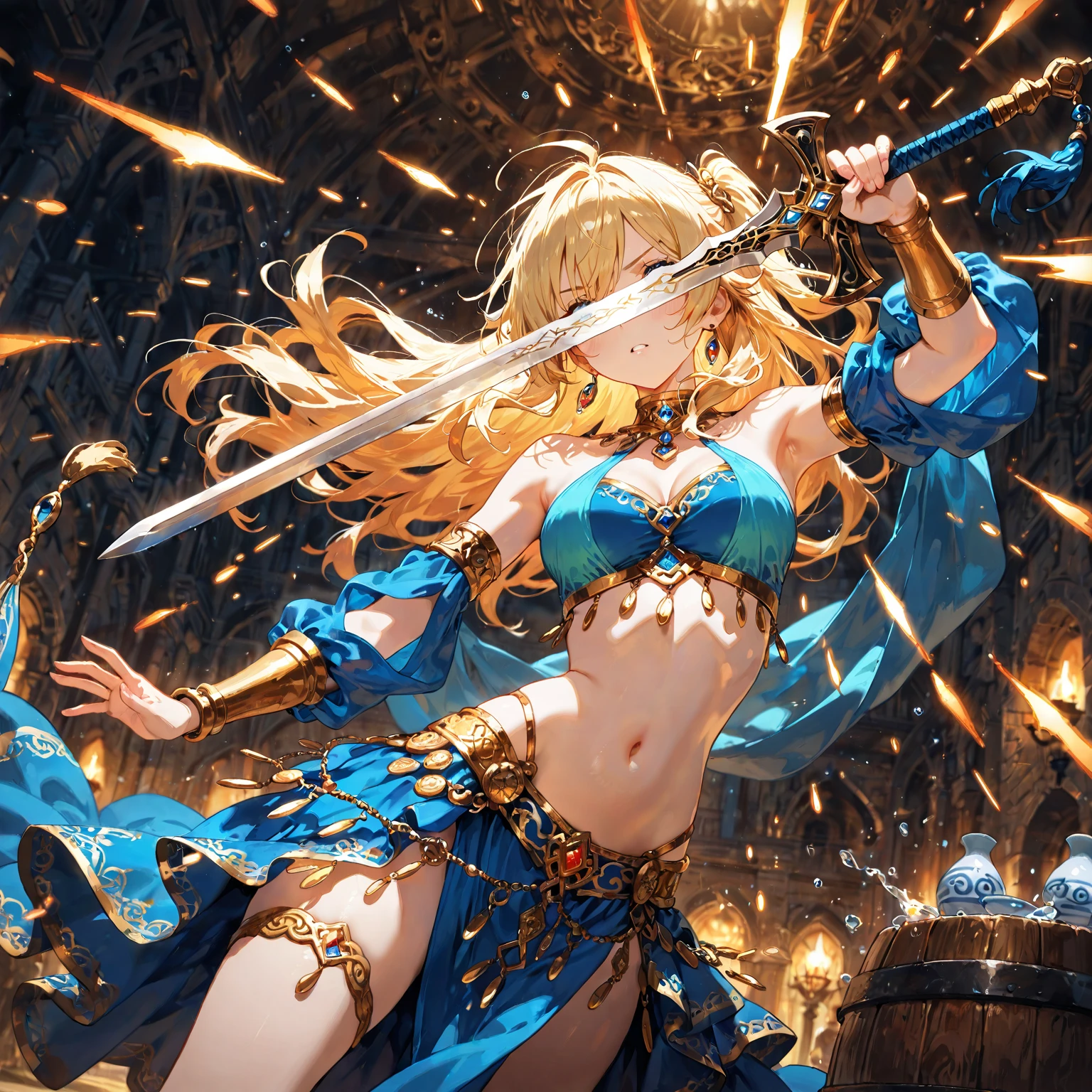 "a female warrior, blue eyes, blond hair, fair skin, amazingly gorgeous, stern and determined, tall and slender, abs, ((black bikini)), fighting barehanded", brawl, medieval tavern, disorder, uproar, super high quality, HDR, high detail, anime, drop shadow, masterpiece, 8k, award winning