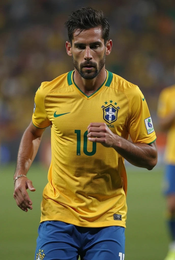 A realistic image of a Brazilian soccer player wearing a blue uniform with the number 6 stuck to his body due to sweat, he is sweaty and his uniform is soaked with sweat, the uniform is a little transparent