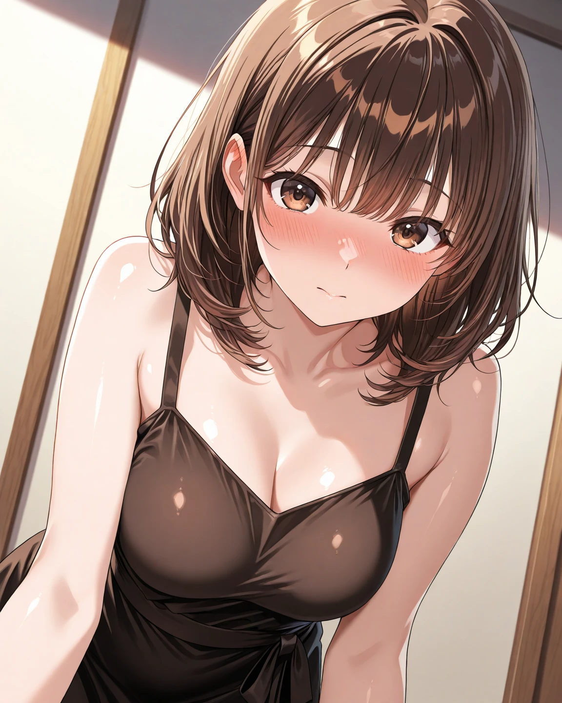 <lora:Sori_BNW:0.9> soridef, brown eyes, brown hair, short hair
collarbone, indoors, nude, 1girl, upper body, solo, blush, sweat, nipples, breasts, bangs, lips, large breasts
masterpiece, best quality