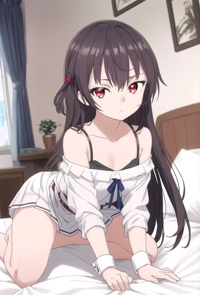 score_9, score_8_up, score_7_up, source_anime,
kurumitokisaki, kurumi tokisaki, black hair, red eyes, long hair, (bunches)
bare shoulder, ribbon, Black bra, bikini, briefs, hair over one eye, black bikini, twintails, low twintails, black silk leggings
on the bed, smile,
looking at viewer, solo, sitting position, lower viewing angle, legs apart,
