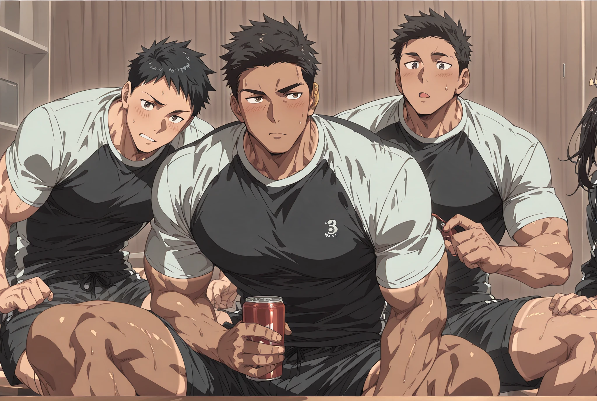 three boys, more muscular (1:5), more mature face (1:2), black hair, very tanned skin[