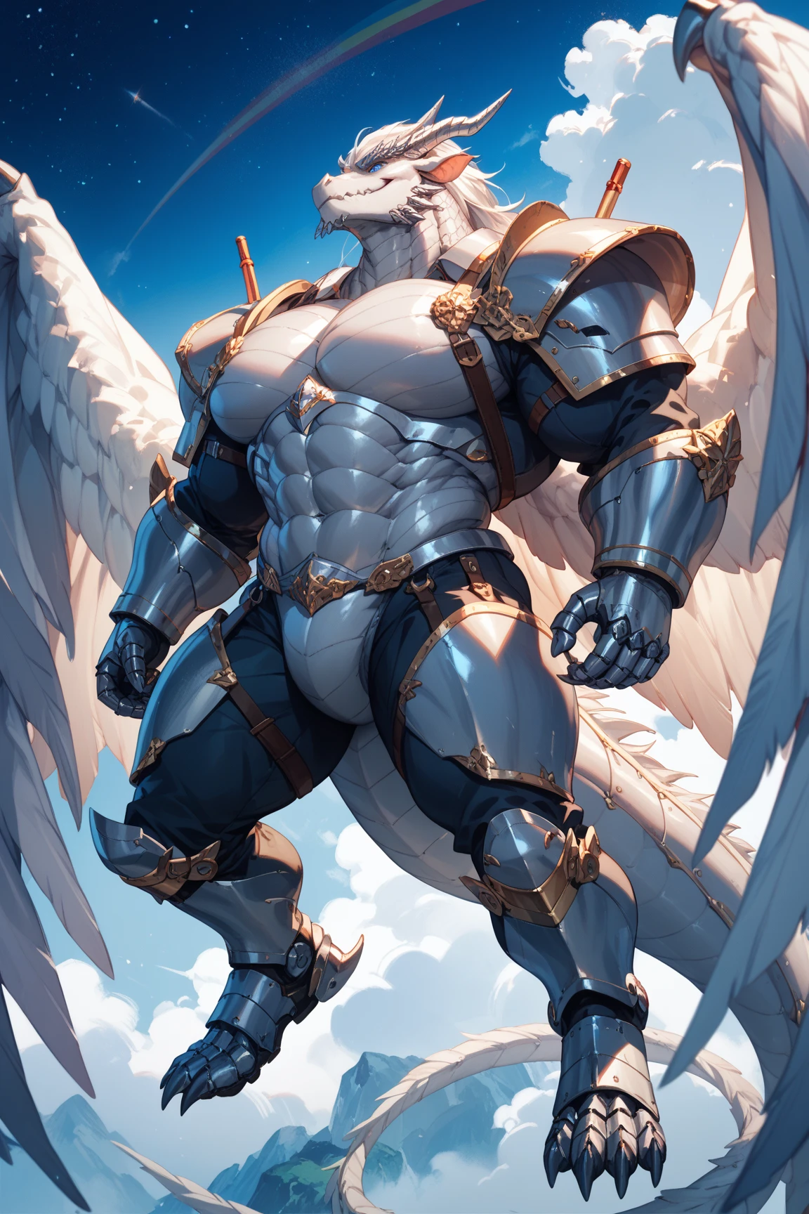 Huge muscles,Devilish wings,Devilish horns,Clear liquid dripping from penis,black costume,Huge erect penis,Ready your weapon,An angel cloaked in evil aura,The color of the face is Caucasian skin tone.,White suit