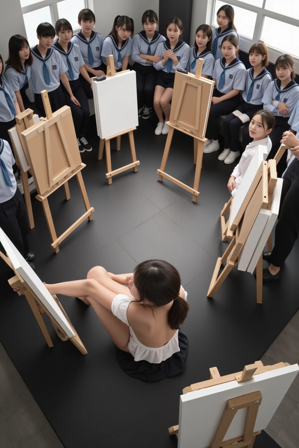 Art Classes、Students who model nude 、Female students watching Viewer、Schoolboy hugging from behind、Easel、Students drawing seriously