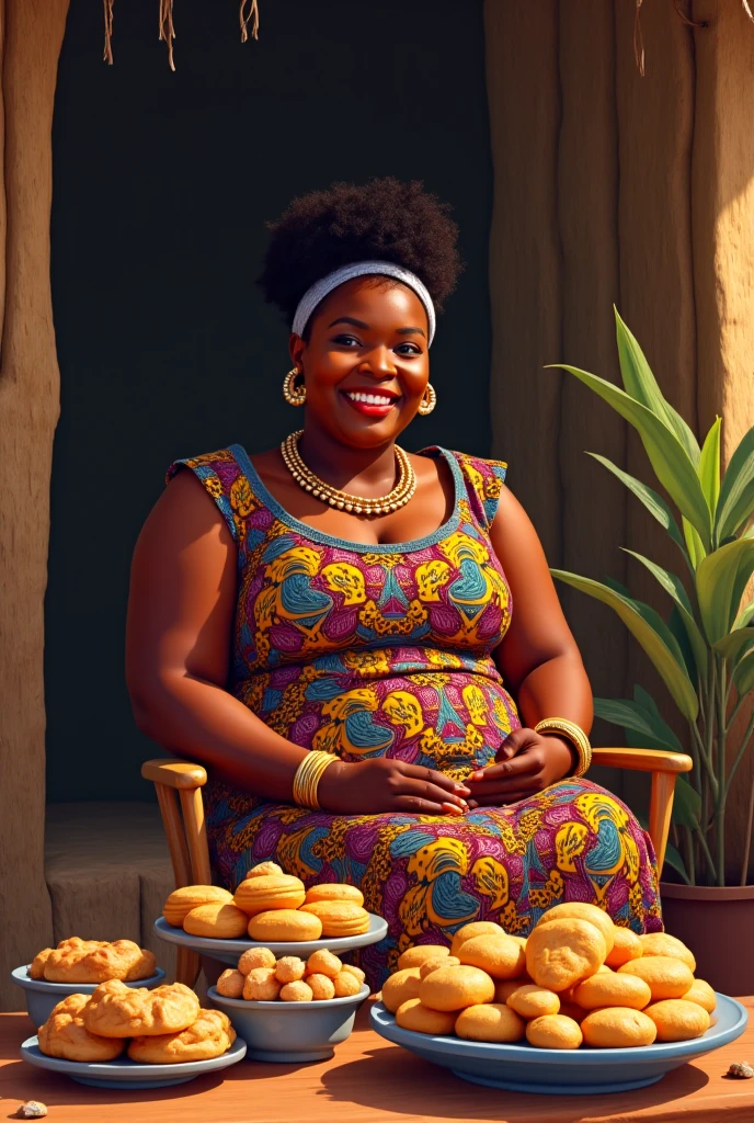 A plump woman between 40-43 years old, has African descent but her skin is white, and she is white Cuban, with her hair curly, and with a yellow turban and a yellow dress, at her feet she has skulls and sea shells , also wears some bracelets and rings, with a friendly smile.