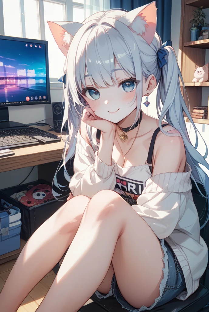 Create a high-quality, detailed image of a beautiful, anime gamer girl with long hair, bright blue eyes, and a smile, sitting at her gaming PC in her gaming room. She is wearing a see through tank top, barely showing her nipples, and sleep shorts, showing her midriff, highlighting her stunning curves. The warm, inviting scene includes soft ambient lighting, comfortable seating, The setting is illuminated by a small lamp, creating a serene and intimate atmosphere