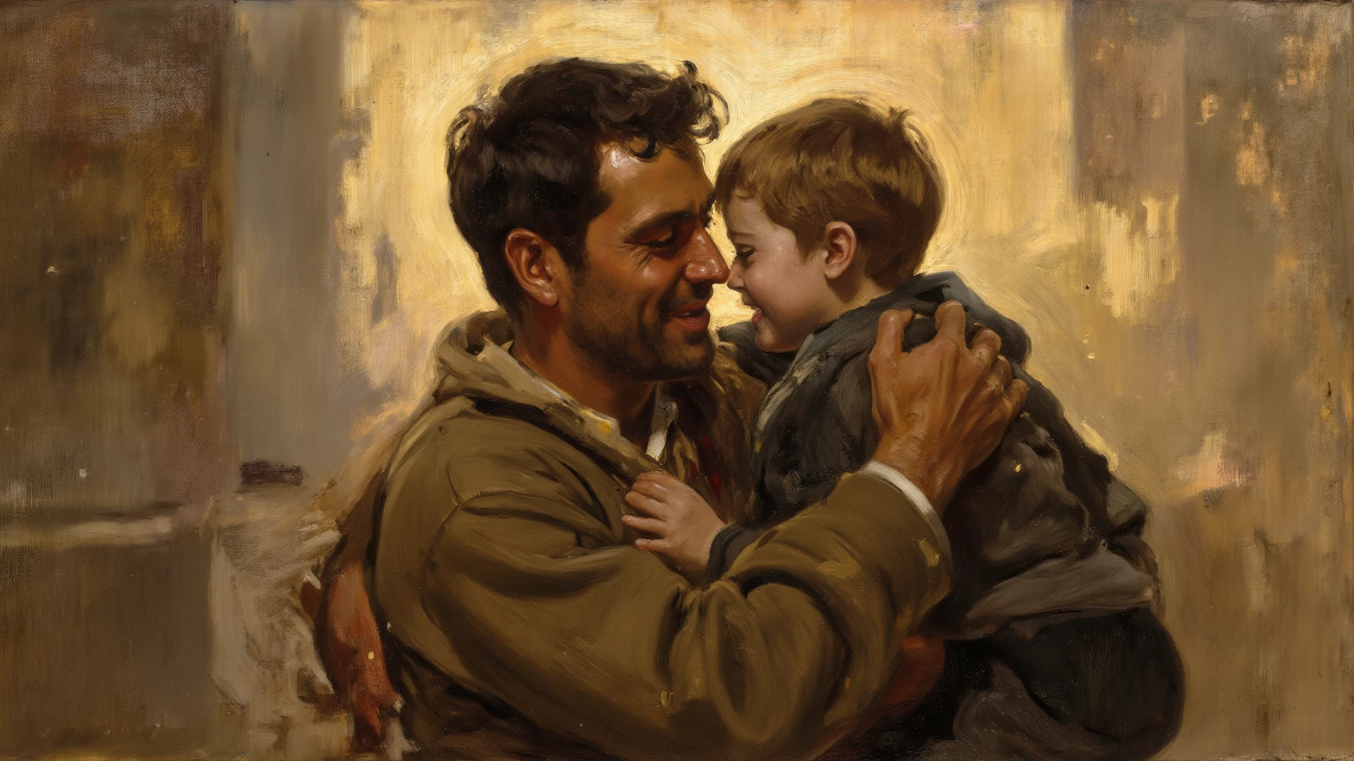 in a country house, a man dying with a spear stuck in his body, with your child crying by your side