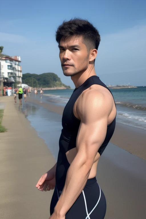 RAW photo, 8k, japanese mature male, male actor, heavy weight male celeb, male black bikini, topless, seaside, sfw