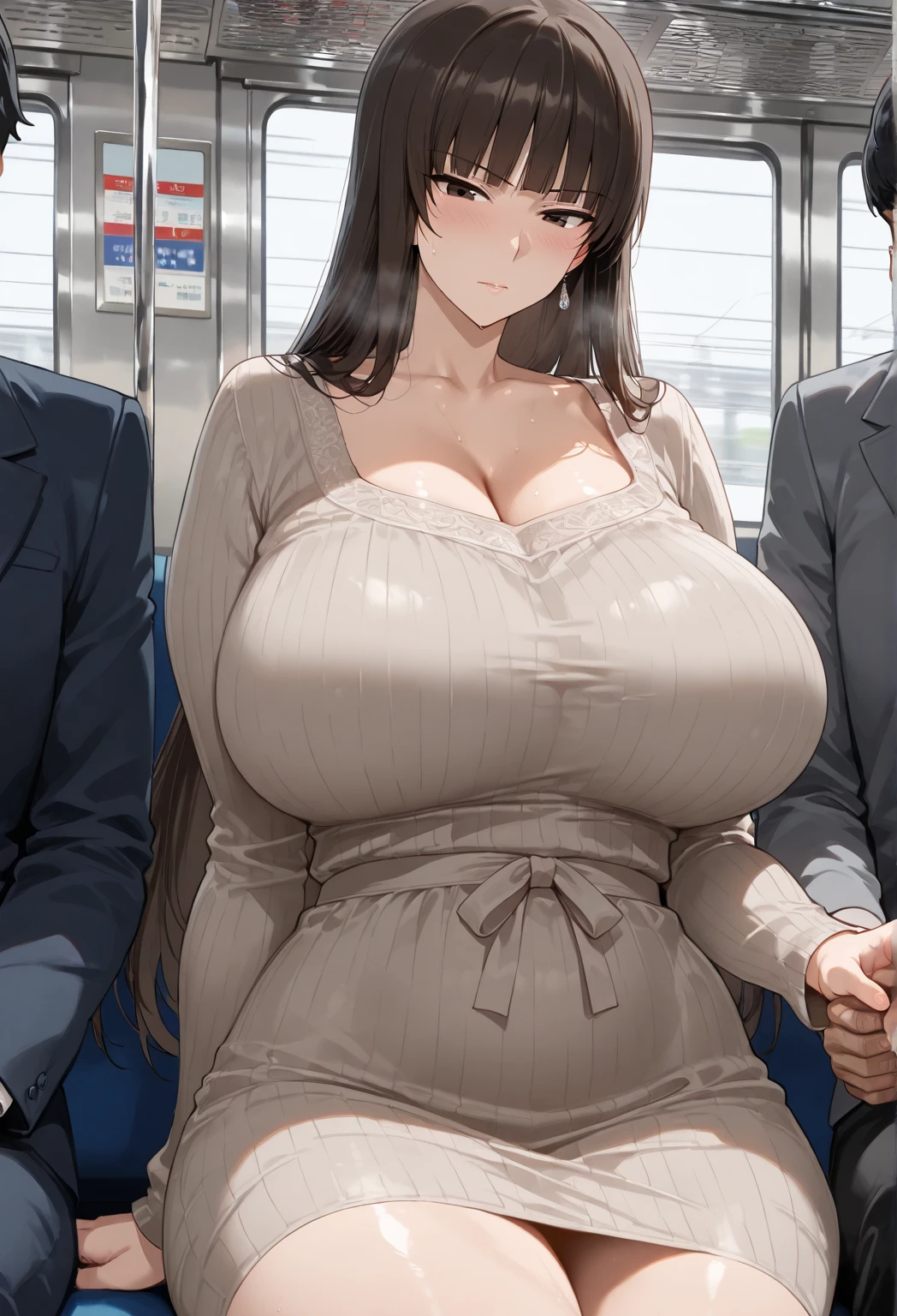 mature_lady,masterpiece, best quality, very aesthetic, absurdres, 1girl, mature_lady,brown_coat,long_coat,black_bra,lace_bra, black_panties,standing,full_body,opening her coat and display her underwears,in subway,in crowd,shushing, silence gesture,grin,one eye closed,finger_to_mouth,blush,tears in eyes,embarrassed,,nico_robin(one_piece), black_hair, blue_eyes, medium_hair, shiny_skin, large_breasts, cowboy_hat,
