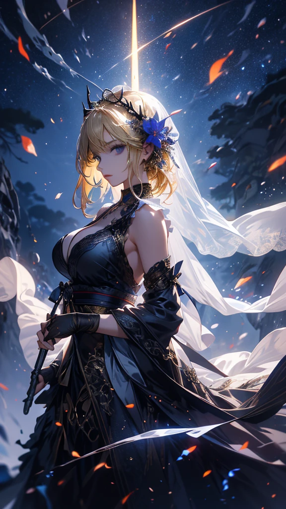 masterpiece, high quality, 4K, Beautiful design, silhouette,blonde, 非常に詳細な夜のStarry Sky,Flower Field, wonderful, Finer details, Very knowledgeable woman, Highly detailed solo, 1 female,Big Breasts,Gothic Lolita Fashion,2Hold a gun in front of your chest.,Night view,Starry Sky,full moon,