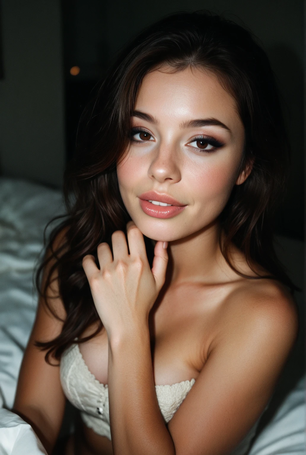 jolie ((brune)) European, beautiful and sexy, aux yeux vert clair, 28 ans, seductive look in the eyes, alone, pyjama rose, head of&#39;artwork, la plus haute qualité, realistic, very detailed, (glistening skin, en sueur:1.4), absurdist, mange un pot de crème glacé haute résolution, sharpness, nice eyes, Sharp pupils, Selfie, girl's room, mouth ajar, portrait, assise sur un lit, closeup on face
