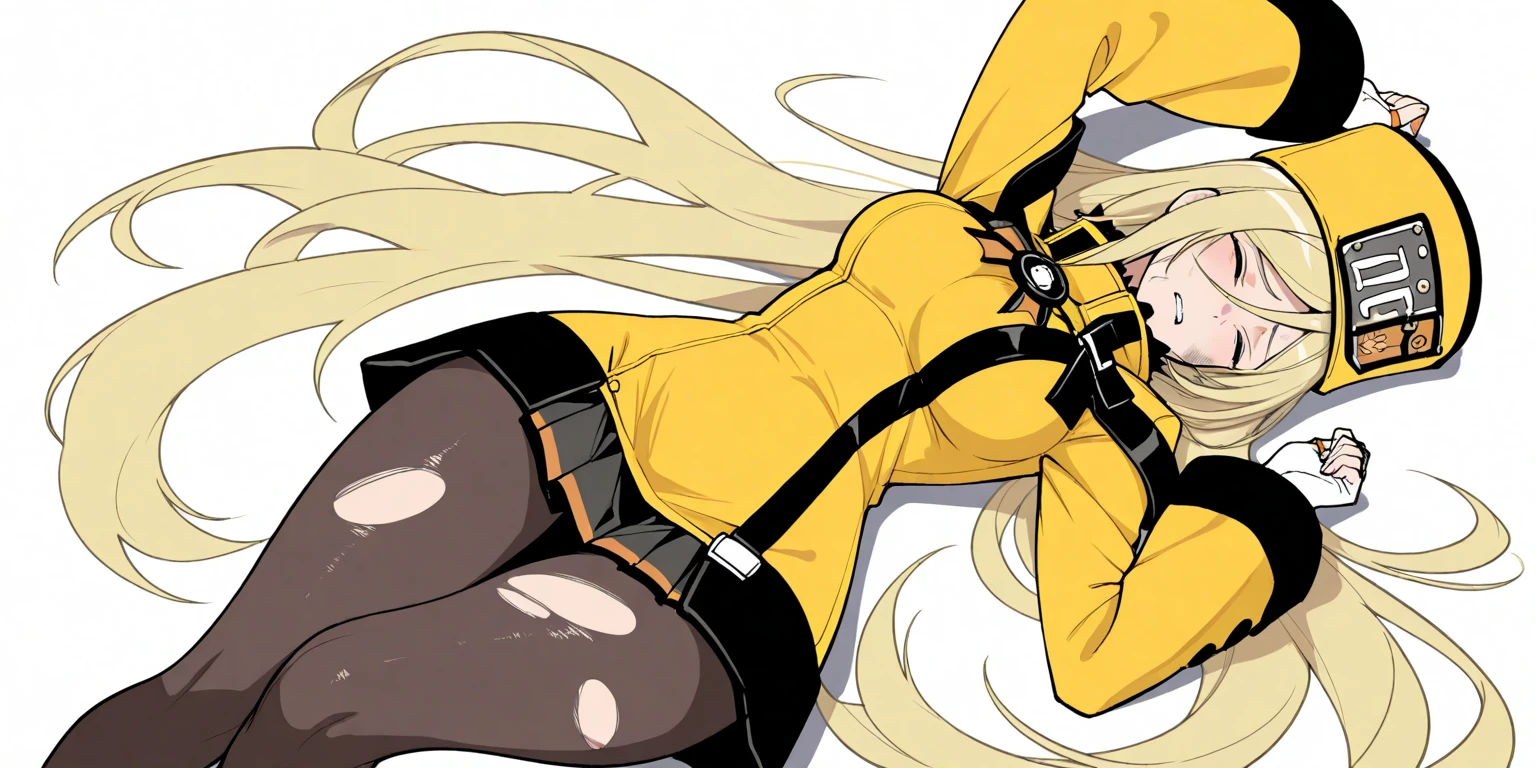 Anime girl with long blonde hair and big breasts showing her butt, cel shaded anime, cel - shaded art style, clean cel shaded, cellshading!!!, lie down on her back, holding a pudica pose, by Shingei, Flat anime style shading, blonde anime girl with long hair, made with anime painter studio, Anime shading), Ecchi anime style