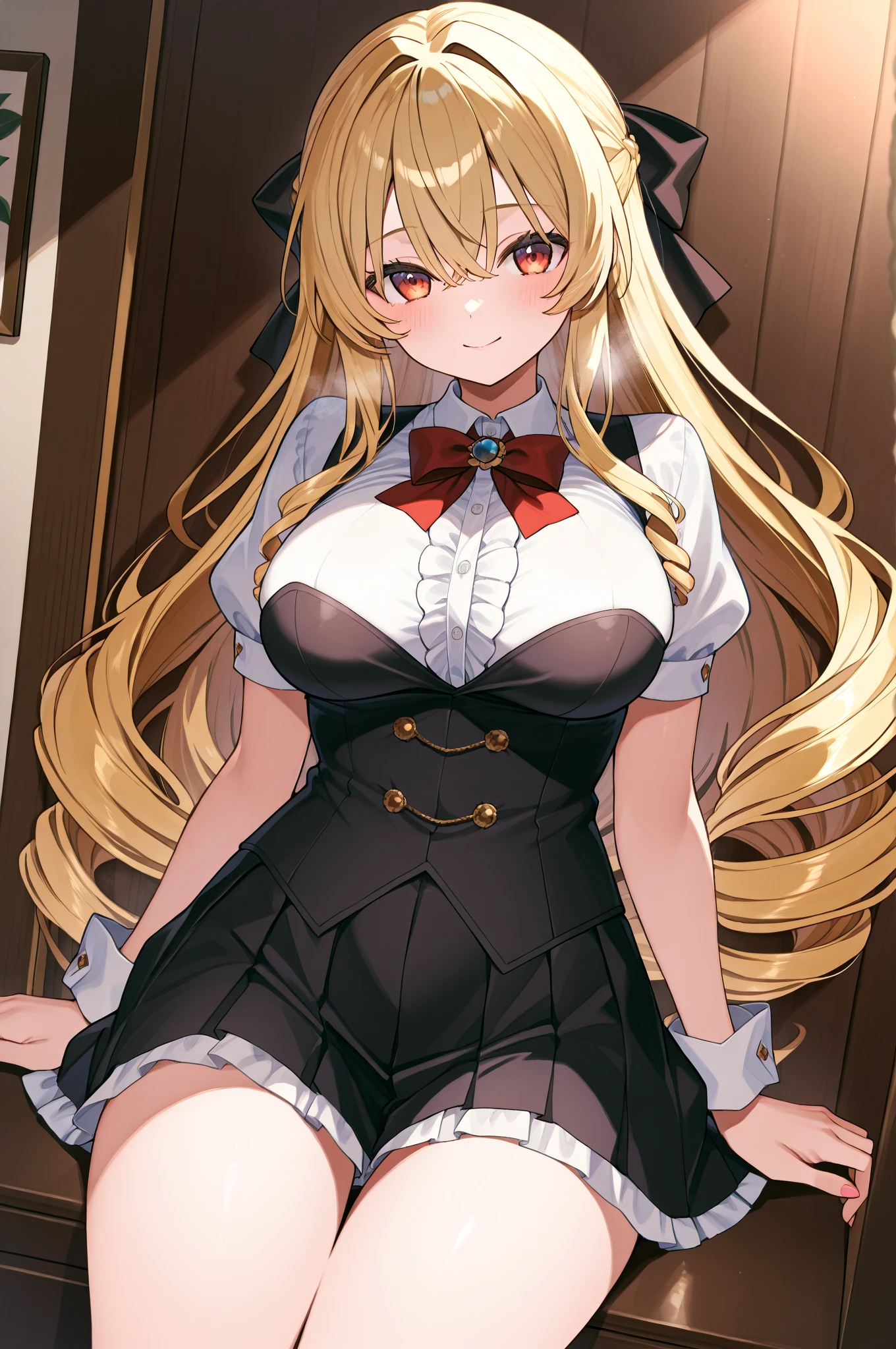 blonde,curly hair,Vertical roll,smug face,first round,High School DxD style,big breasts,gothic dress,ruffle dress,black clothes,