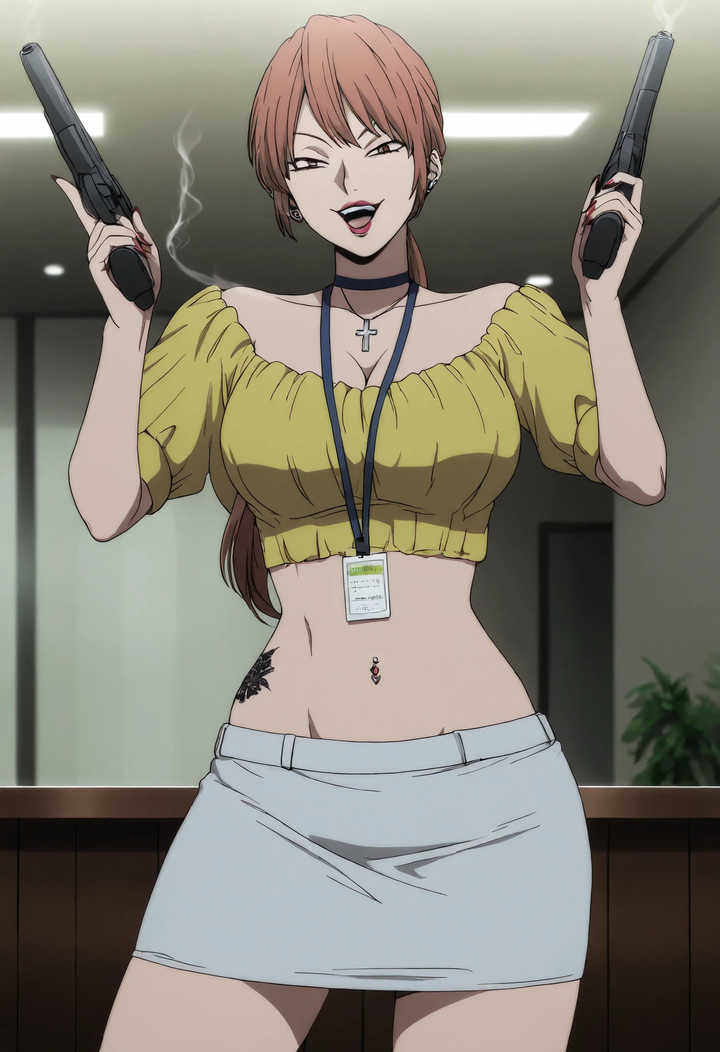 masterpiece, best quality, amazing quality, 1girl, solo, BREAK
m0mok4,long hair,brown hair,ponytail, brown eyes,yellow shirt,lanyard, white miniskirt,
eyelashes, lipstick, ear piercing, long hair, , lipstick,Hot girl, baddie, smoking, sensual, attractive , choker, ,cross necklace, bar background, inside bar,indoors, cityscape, casino, nightclub, city lights, , evil smile , open mouth, sexy gaze, badass pose , evil smile, smile, (nsfw) not safe for work, navel, evil expression, exposed belly, exposed navel, exposed midriff, exposed lower belly,, cleavage, , holding a gun, holding pistol , navel piercing, , medium large breast ,looking at viewer , dragon tattoo on waist, narrowed eyes, tattoo on waist, anipai_style , anime screencap , anime coloring