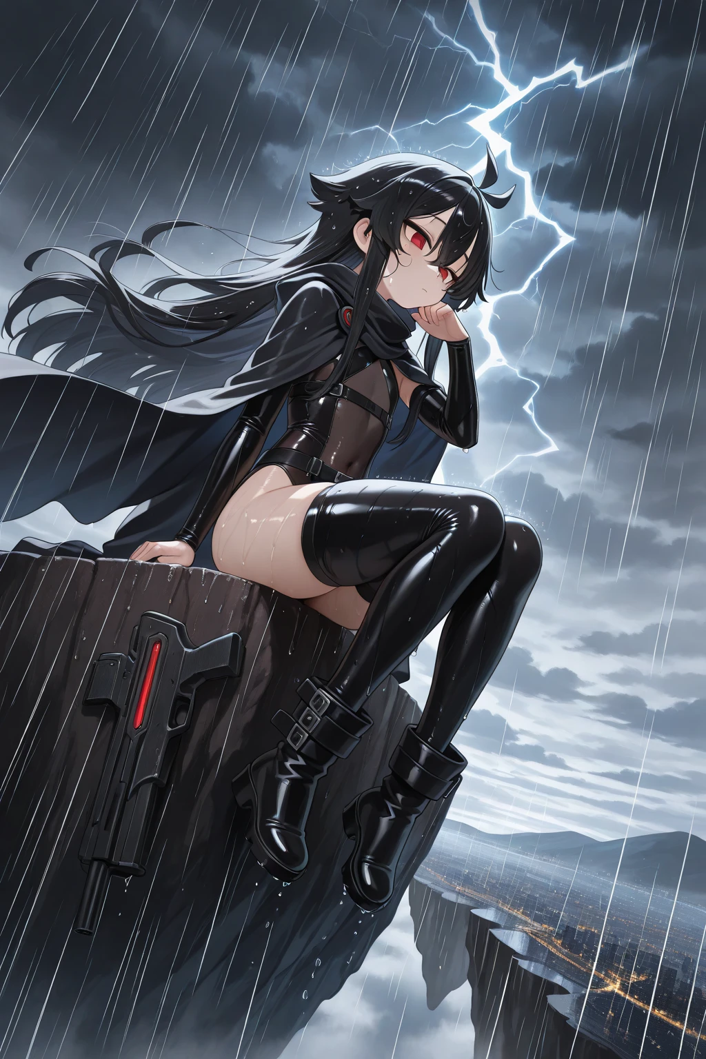 ultra-detailed, Explicit, Beautiful body, Beautiful Nose, Beautiful character design, perfect eyes, perfect face, ultra highres, 4K, beautiful legs, perfect legs, Nice hands, Perfect hand, Masterpiece, Best Quality, Highly detailed, illustration, absurdres, perfect anatomy, street fighter, doll suit, shadaloo doll, dollsuit, expressionless, blank eyes, looking at viewer, red gloves, emotionless, black latex, corrution, mind control, female combatant, full body, hypnotized, unhappy trance, full body suit, ribbed bodysuit, both arms at side, obey, perfect female body, extremely glossy latex, hypnosis, hypnoLora, empty eyes, Mind control device, poses, submissive_pose, Slave, standing straight, standing, standing at attention, hat, necktie, belt, latex, ribbed bodysuit, thighhighs, garter belt, Fighting Stance, extending the right arm from the shoulder into the air with a straightened hand, military, thigh boots, black pantyhose, (((pixel-perfect, detail-perfect))), solo, 1girl, hair ornaments, long hair, black hair, hair ribbon, yellow eyes, Judge, Girls' Frontline, small breast, short, from under, looking from below, view from below, saluting, salute, military saluting 