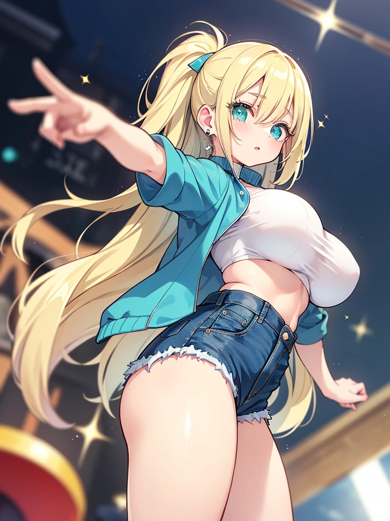 (topless), nsfw, masterpiece, 1 girl, erect nipples, nipples, high angle, intricately detailed, new york times square, night, neon lights, raining, puddle, streets, crowd, navel, necklace, holding smartphone, beautiful face, denim shorts, smiling, extremely detailed, photorealistic, octane render, 8 k, unreal engine. horse ears, horse tail, bare breasts, bare stomach, sweaty, people on background, heavy breathing, detailed, cowboy shot, small breasts, large nipples, puffy nipples, black belt, leg strap, hair ribbon