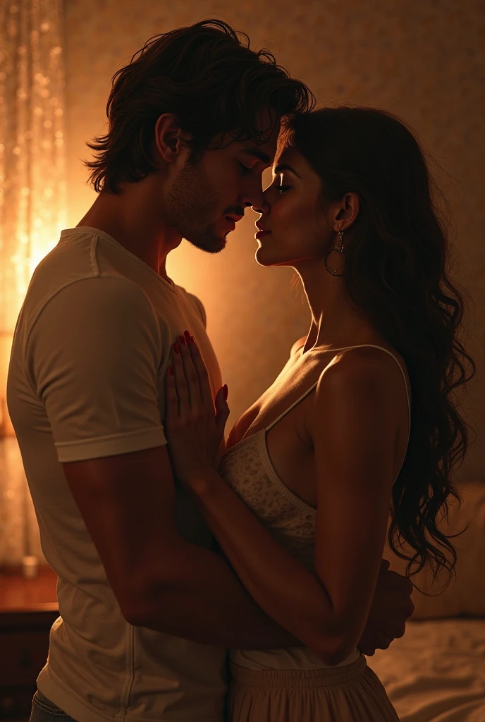 A brunette with brown eyes and a tight black dress and black hair kissing her brunette boyfriend with black hair in a black shirt and white shorts. 