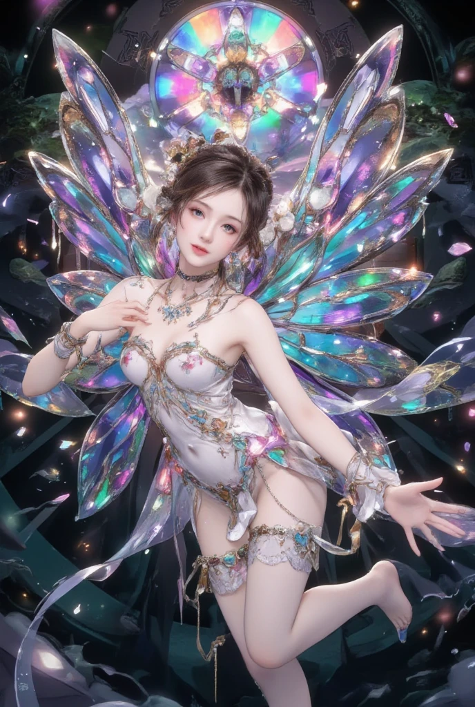 absurd , high resolution, Extremely detailed, (1 Girl:1.3), rest, fantastic dress, Headdress, rest, Mild personality, Dark Man, mind control, Fractal, whole body, 天flower板, Artistic Background, Blue bioluminescence, Geometric, organic, bless, supportive, Sublime, sublimation, noble, Expand, Unravel, anti-gravity, Antimatter, Guardian Angel, Saint, 神Saint, , dignified, Red bioluminescence, flower, Holographic Wings, Magic Circle, Photon, Butterfly, scales, galaxy, Birk,
