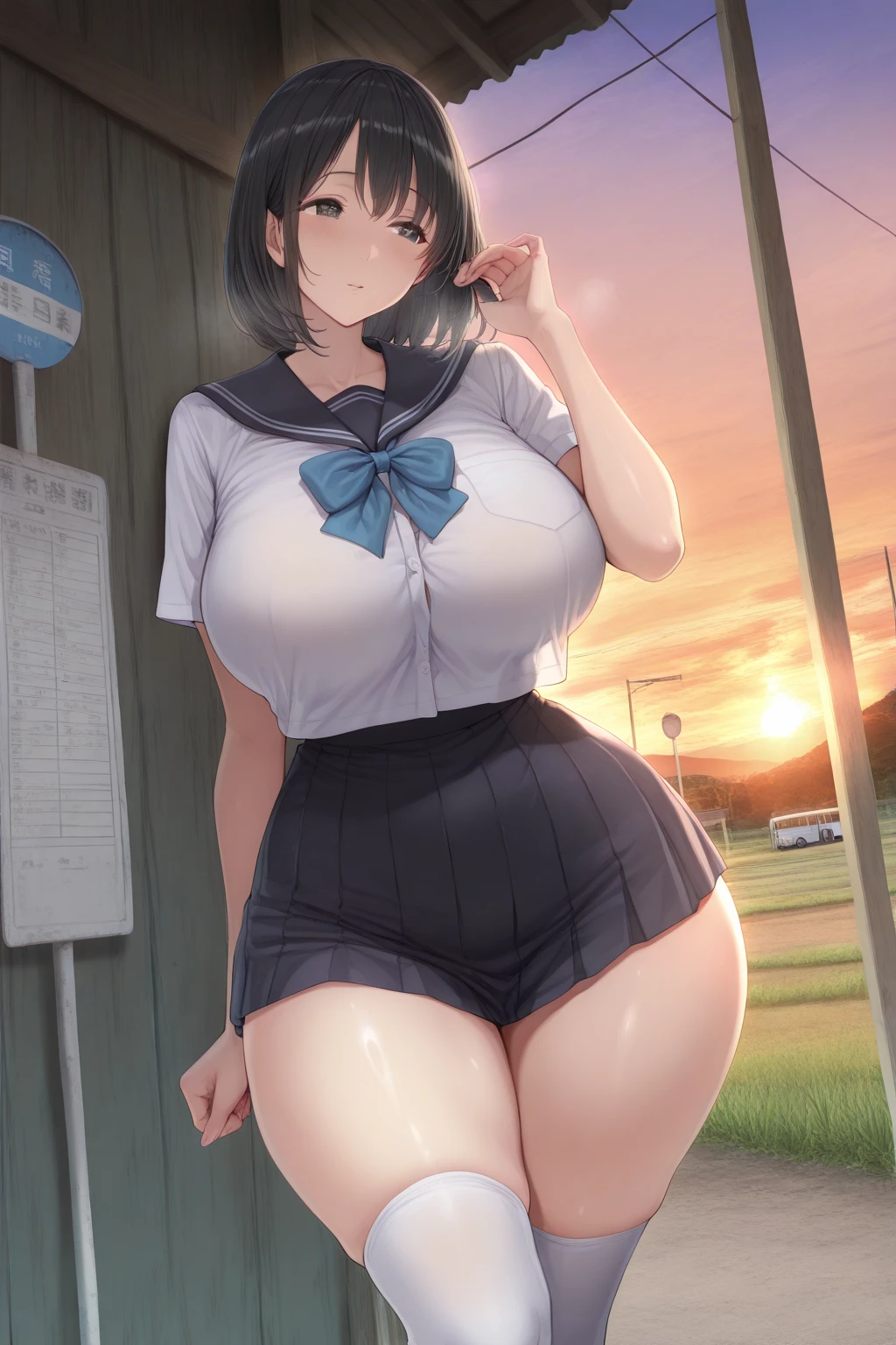 ((Table t○p, highest quality, Hi-Res Lucifer,Anime Screen Capture、Pixel Perfect, 8k, Browsing Caution)))、Perfect Anatomy、(((Huge breasts、Wide Hips、Wide ass)))、(((A skirt flipped up by the wind、White shirt、Black mini skirt、Blue striped panties)))、Hands on hips、Sweat, vapor,(Yellow Eyes)、((Black Hair)),  ((((:d、blush))))、(city)