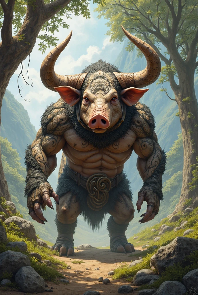 ultra-detailed, masterpiece, masterwork, high quality, best quality, hdr, nature, forest, nsfw, (solo), male, dragon, (chibi), (red little body minotaur), (nude), (chubby body), (long golden hair), (yellow eyes), standing, front view, dynamic angle, (bulge white loincloth, Penis protruding from loincloth)