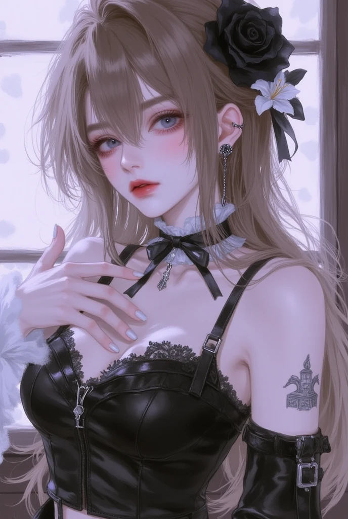 (Finest quality)),(超A high resolution),(ultra-detailliert),(Meticulous portrayal),((Best Anime)),(Finest works of art),sharpnes,Clair,Ultra-precise art,The Art of Phenomenal Depictions, ((Seductive fashion)),a choker,Chain Accessories,piercings