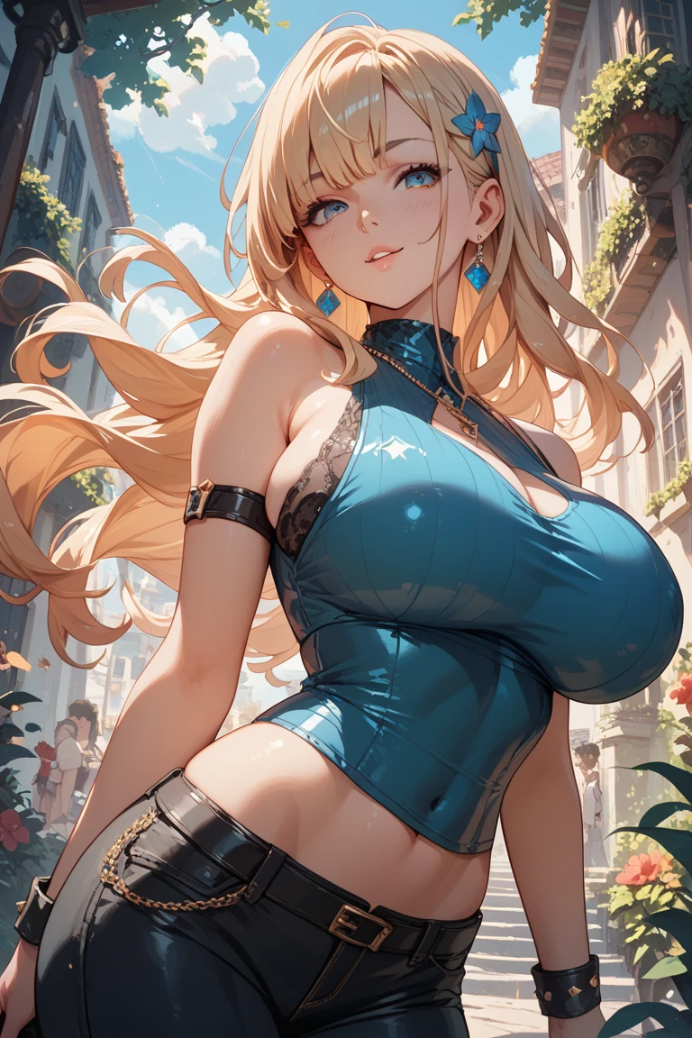 best quality, official art, masterpiece, textile shading, HDR, very detailed, colorful, best details, fantasy, battle suit,1 female, 25 years old, A castle town with an old castle view, sunny,choppy hair, big breast, skinny,Surrounded by a large crowd:1.9、Confetti flutters、Blessed、Being welcomed:1.5、cameltoe:1.3, looking back,
