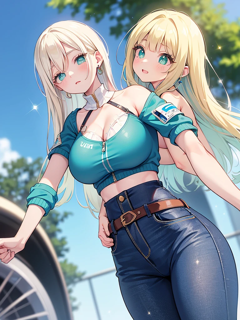 ((1 girl)), solo, Big round breasts, clevage, curvy body, realistic, blonde hair, light green eyes, amazing big eyes, eye details, eyebrow details, white crop top, denim skirt, big lips, blush, confident, dominant, bdsm, smirk, naughty, mischevious face, HD, good quality, crop top, curvy, standing up, looking up, hot