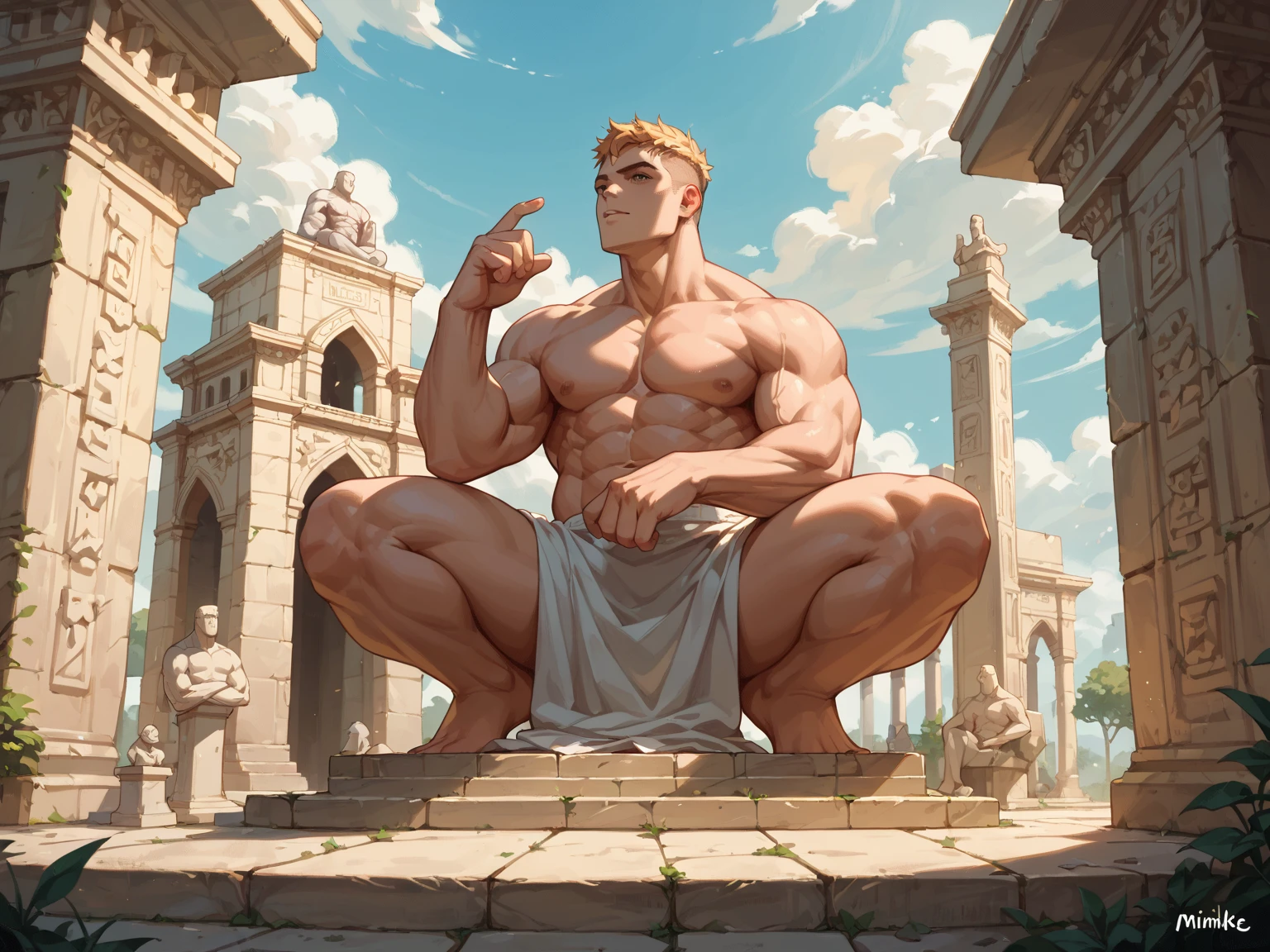 Imagine a fabulous Greek statue, incredibly muscular and striking, with a background of cloudy, nebulous clouds. The statue is sculpted in a stone of bluish hue, somewhat dark, leaning towards a deepe