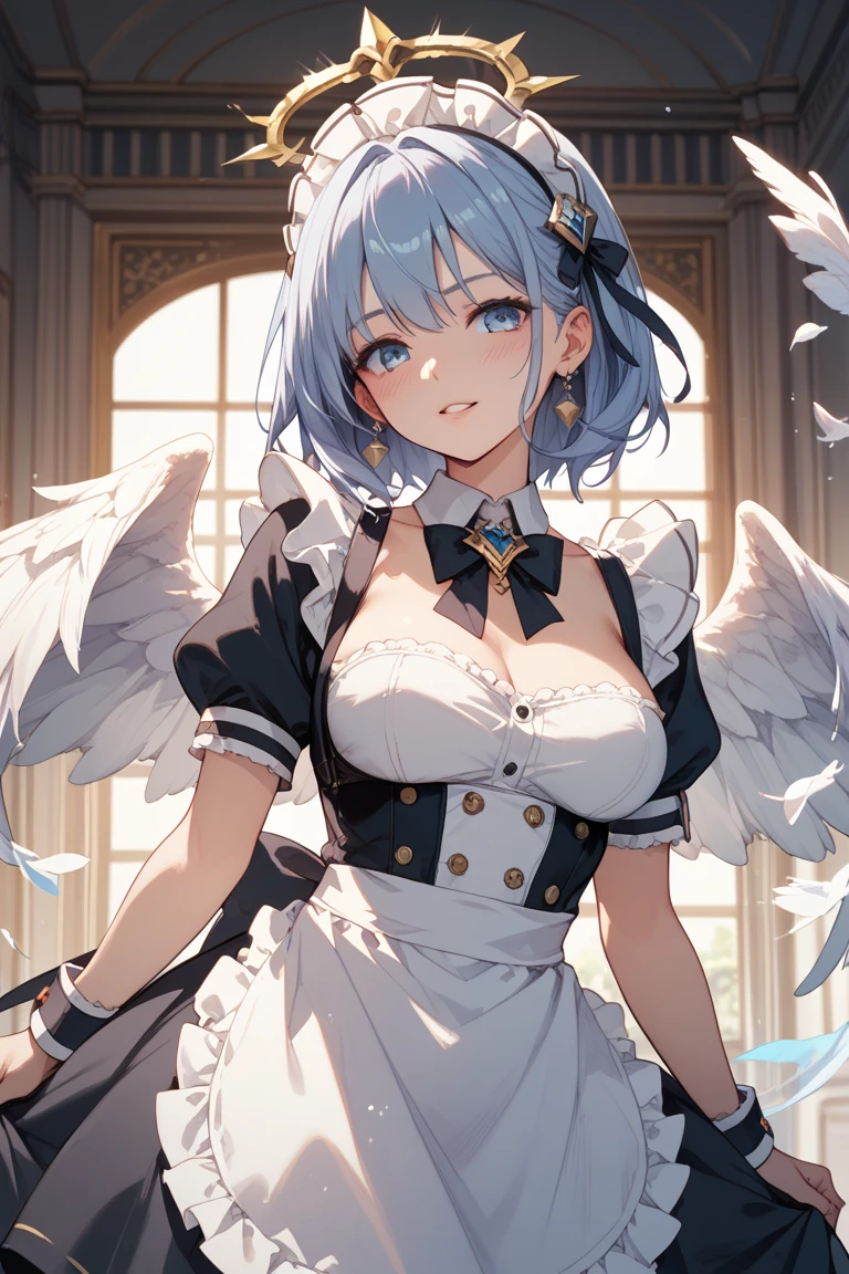 Ultra-realistic photo of a girl in a majestic white and golden ball gown dress, big beautiful dress, Intricate billowy ball gown with lots of ruffles and rhinestones (highest quality, table top, ((angel wings:1.2))。 art station, fantasy art:1.2), palace room, beautiful cute girl, Re:Zero&#39;s Rem、(blue short hair:1.3), Hide one eye with bangs、(intricate gold short skirt, barefoot:1.2, full body shot)、very big breasts、white panties、bare one&#39;s chest、show your chest、expose one&#39;s chest、put the chest on the tray、A lot of milk comes out from the nipples、Breast milk squirts out of the nipples