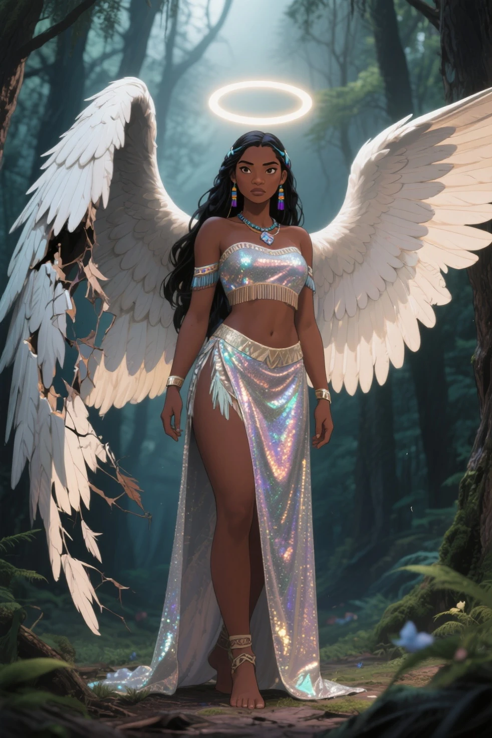 ((masterpiece)), ((whole sculptural body)), ((wide view of the angel)), black hair, hair bobbles, wince, long eyelashes, beautiful real sculptural body women, beautiful black African woman, black African royal thin African girl, ((in the forest)),21 years old, ((solo)), fake animal ears, light smile, ear blush, fang, Surrealism, drop shadow, anaglyph, stereogram, tachi-e, Pov, atmospheric perspective, 8k, super detail, curate, best quality, young girl with a long dress (1.4 nude), wearing see-through lingerie spats (1.3), blushing (1.0), and a contemptuous expression, with a detailed face."